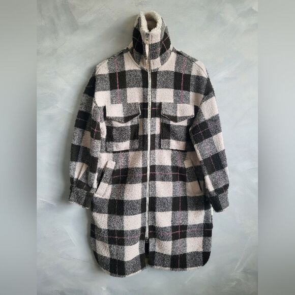 Anthropologie Harlow Checkered Knit Fleece Coat XXS Oversized - Picture 2 of 16